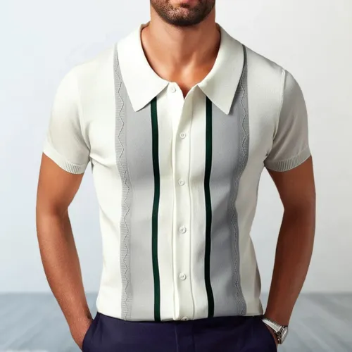 Men's summer new pullover casual striped polo shirt