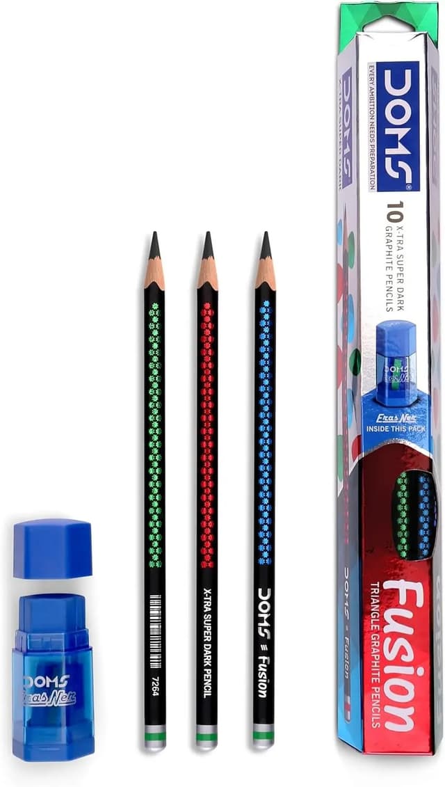 doms-fusion-triangular-wood-pencil-x-tra-dark-10pcs-with-sharpener