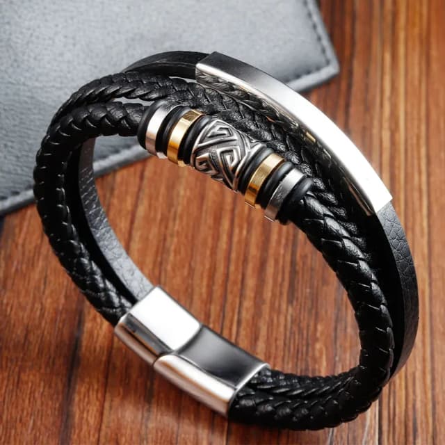 black-double-layer-leather-bracelet