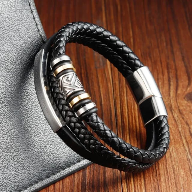 black-double-layer-leather-bracelet